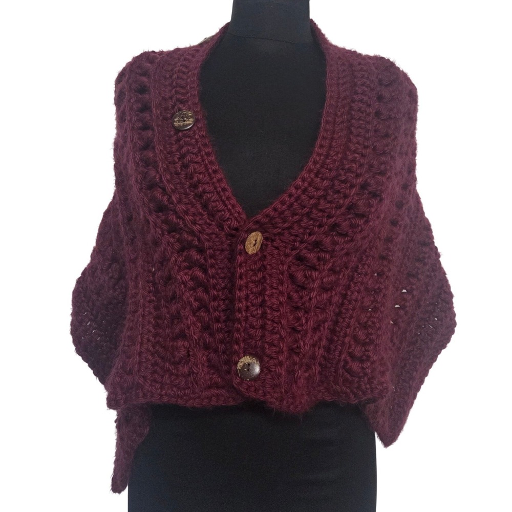 Handmade Burgundy Crocheted Button Front Shawl Shrug Wrap Capelet Chunky Knit